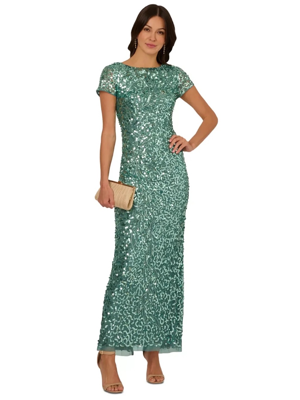 Bateau Floor-Length Green Slate Sequin Formal Sheath/Column Adrianna Papell